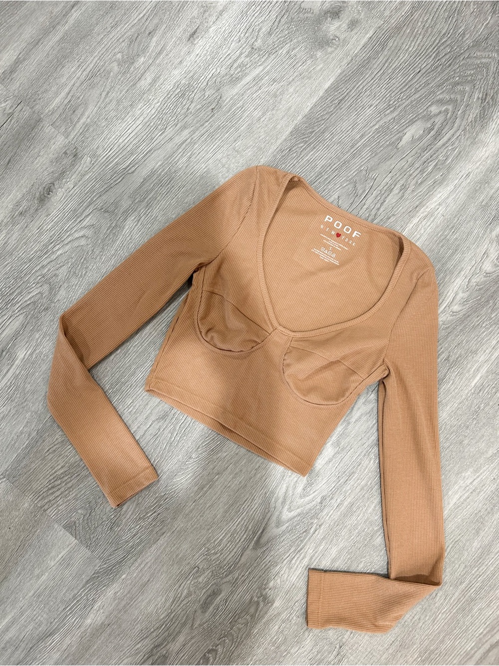 Poof! Camel Ribbed Long Sleeve Crop Top with Underbust Detail